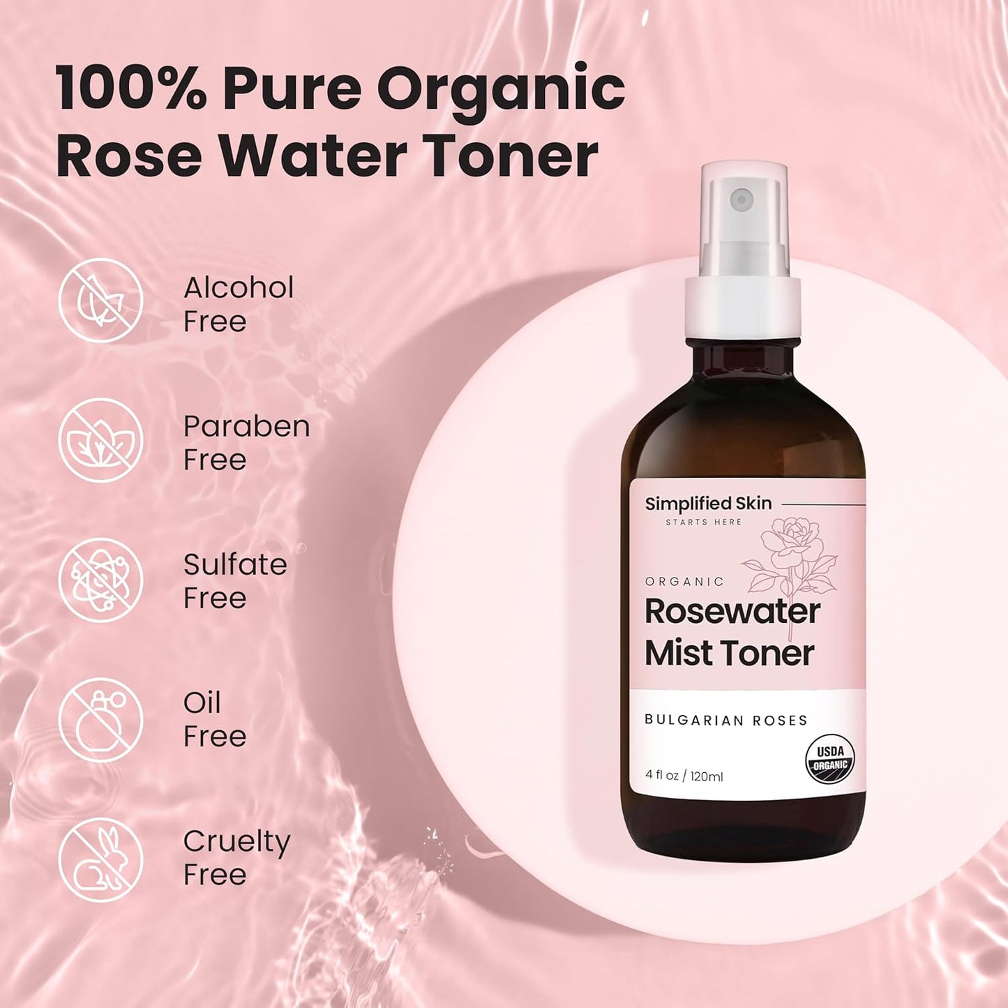 Rose Water Spray for Face & Hair – Pure USDA Organic Rosewater Toner – Refreshing Mist for Skin Care, Makeup & Locs – Natural Rose Scent, 4 Oz (2 Pack)