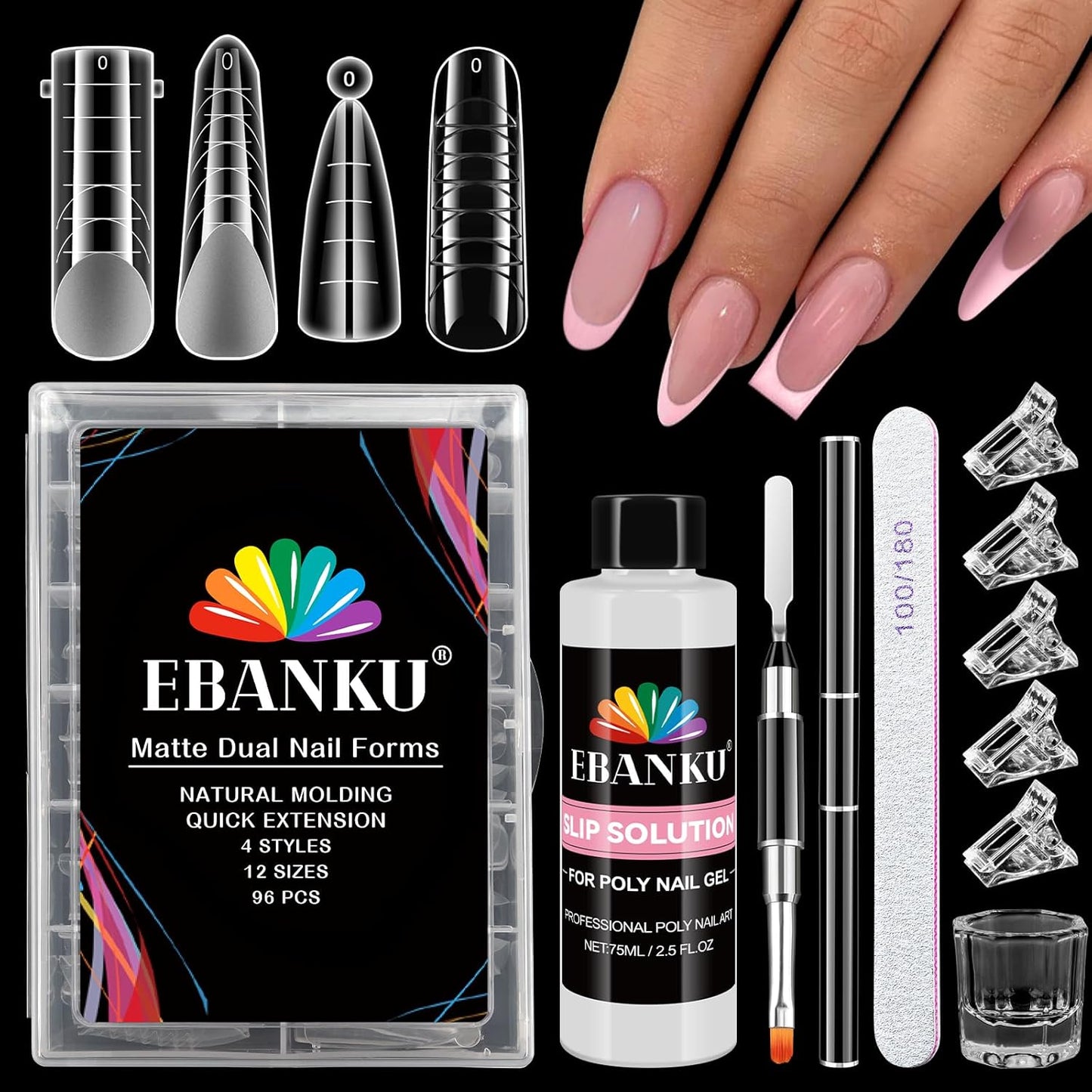 EBANKU Poly Gel Nail Forms - 96PCS Dual Forms for Builder Nail Extension, 4 Style 12 Size Dual Forms Set with 2.5oz Slip Solution, Brush, File, 5PCS Clips