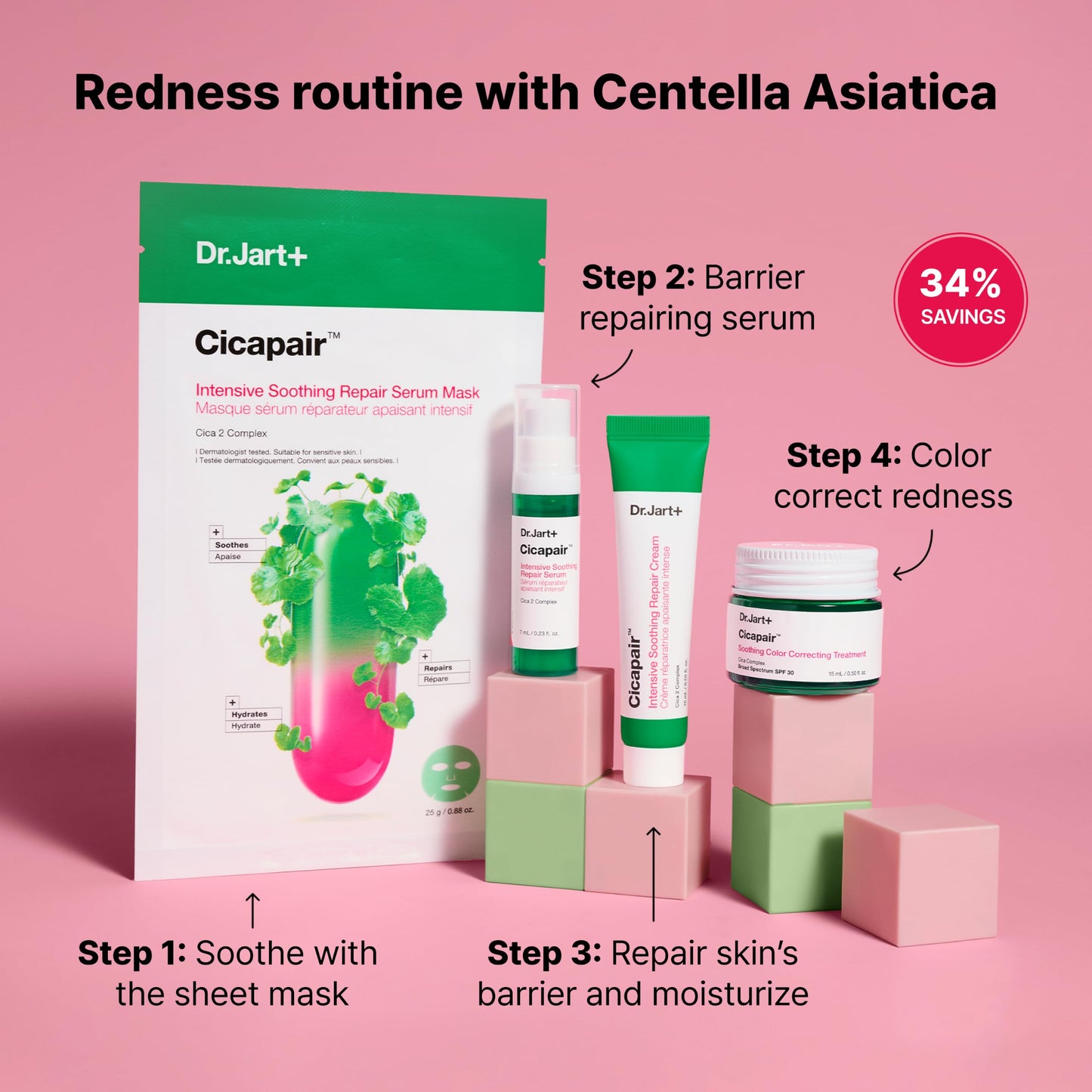 Dr.Jart+ Cicapair Redness Rescue Regimen Korean Skin Care Set with Centella Asiatica | 4 Piece