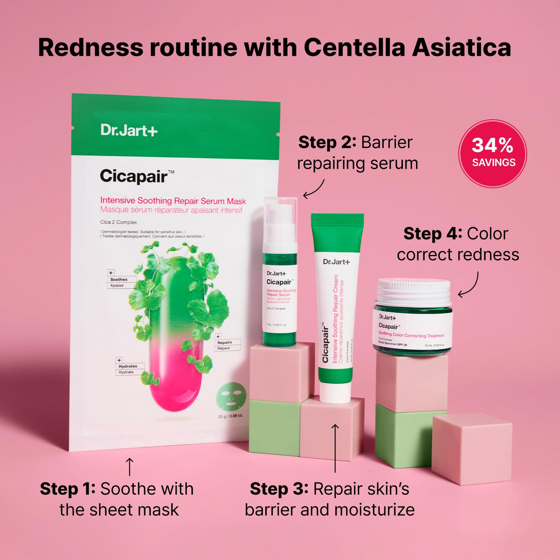 Dr.Jart+ Cicapair Redness Rescue Regimen Korean Skin Care Set with Centella Asiatica | 4 Piece