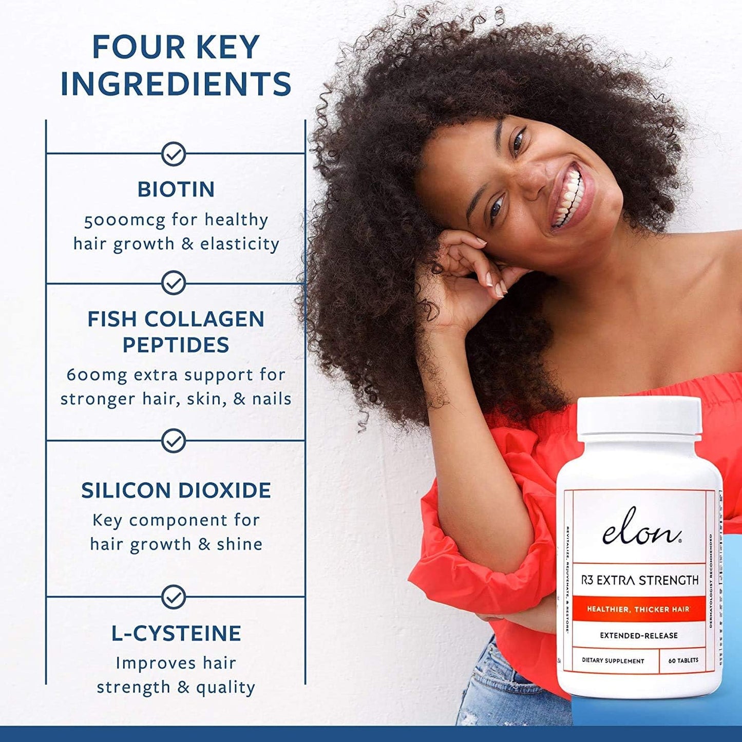 Elon R3 Extra Strength for Hair Growth - Supplements for Women to Grow Thicker, Fuller Hair, Advanced Formula with 5000 mcg Biotin Per Serving & Collagen, 60 Count (Pack of 3)