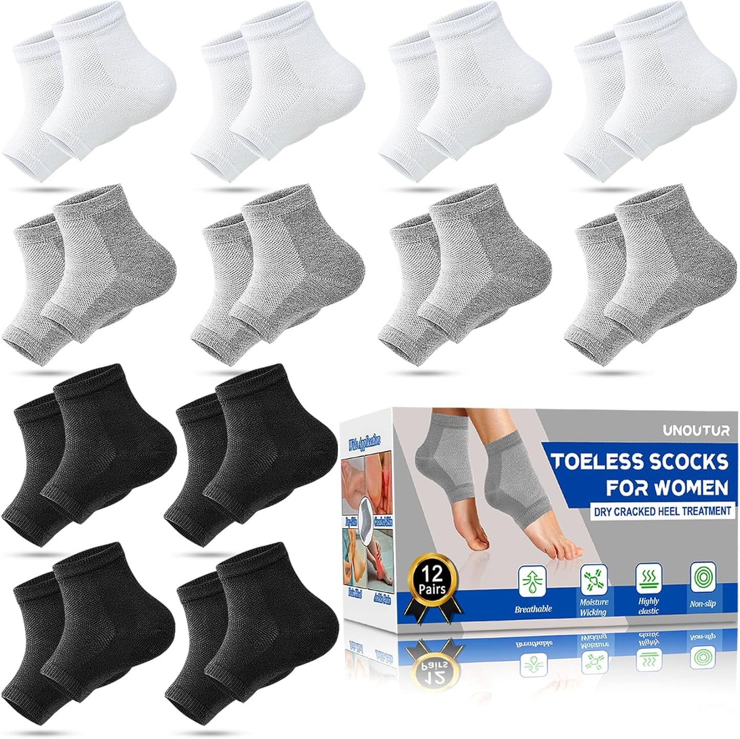 Moisturizing Socks,12 Pairs toeless Socks for Women for Dry Cracked Heel Treatment,Cracked Heel,msilicone Socks for Women