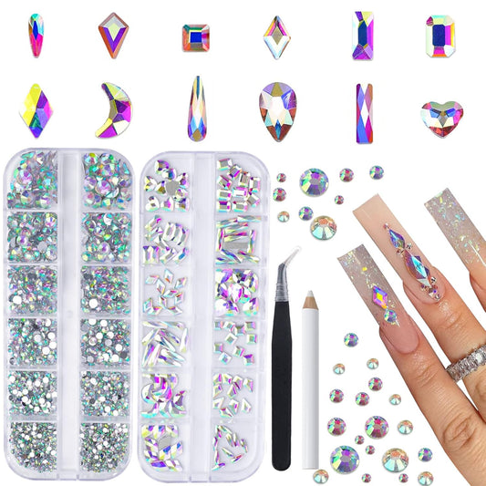 Canvalite 2518Pcs Rhinestones Nail Gems, 12 Styles 3D Glass AB Crystals Charms Shiny Multi Shape