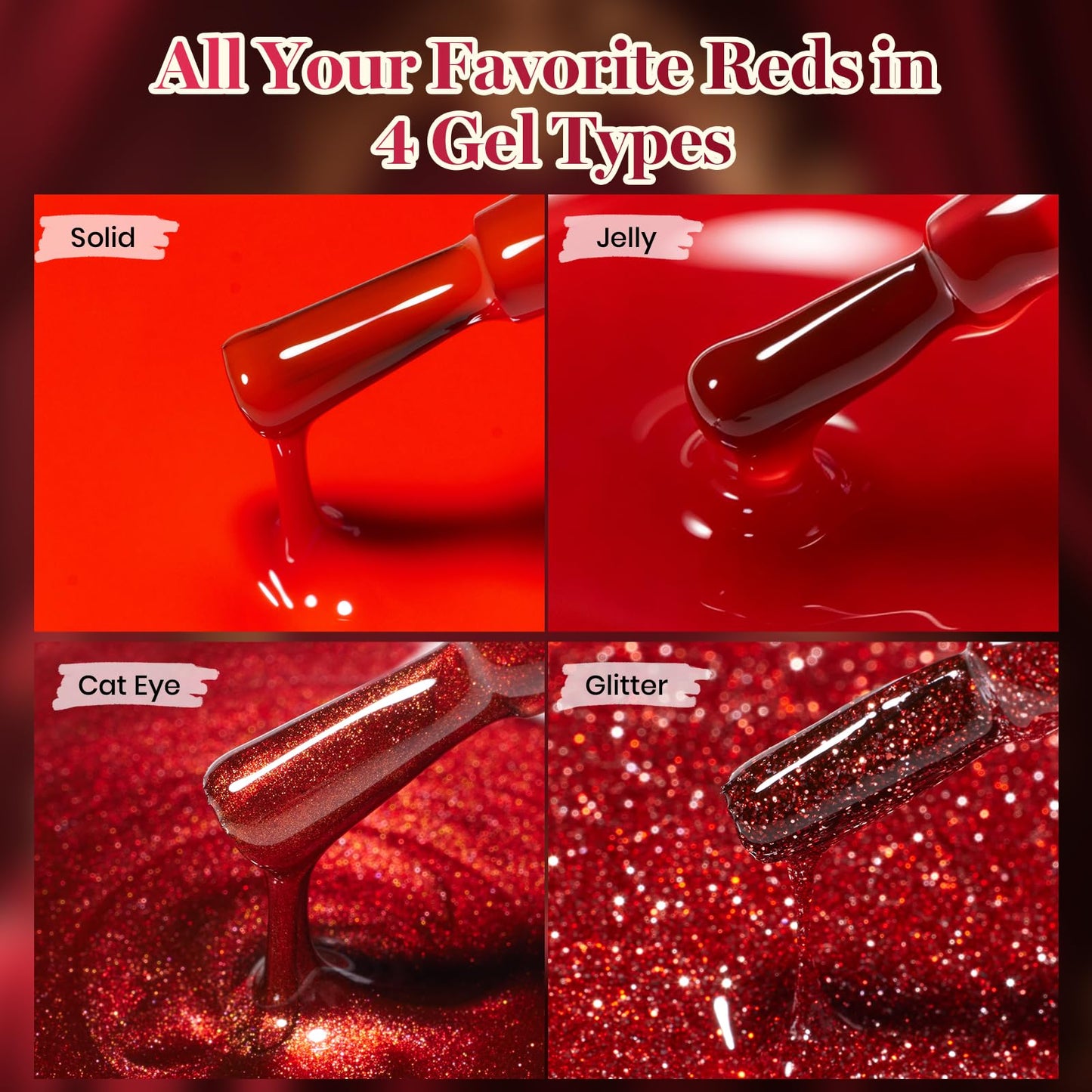 Beetles Red Gel Nail Polish Set, Jelly Glitter Cat Eye Solid Color