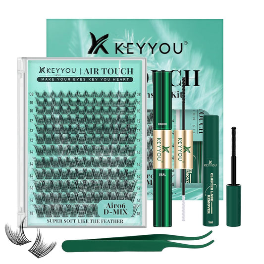 KEYYOU Lash Extension Kit 144pcs Air Touch Lash Clusters with Bond and Seal Lash Applicator Remover D Curl DIY Eyelash Extension Kit Easy to Apply at Home(Air06Kit-D-8-18Mix)