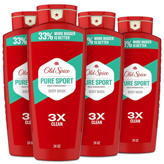 Old Spice Refreshing Body Wash for Men, High Endurance, 3X Defense, 24/7 Shower Fresh with Long Lasting Scent, Pure Sport Scent, 24 oz (Pack of 4)