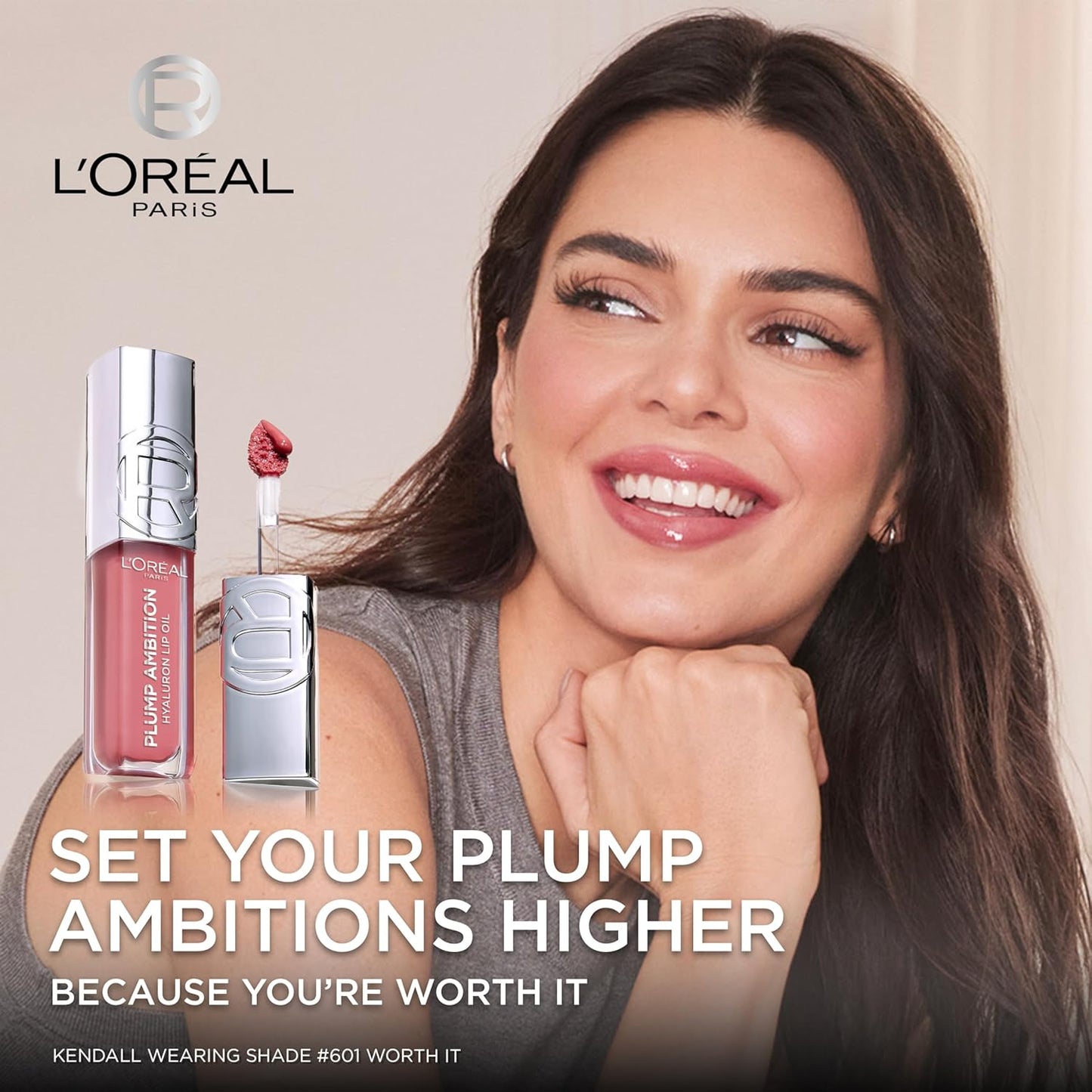 L'Oreal Paris Plump Ambition Hyaluron Lip Oil, 24 HR Lip Gloss with Hyaluronic Acid, Volumizing Formula with Glass-Like Shine, Rouge In Love 380, 0.16 Fl Oz
