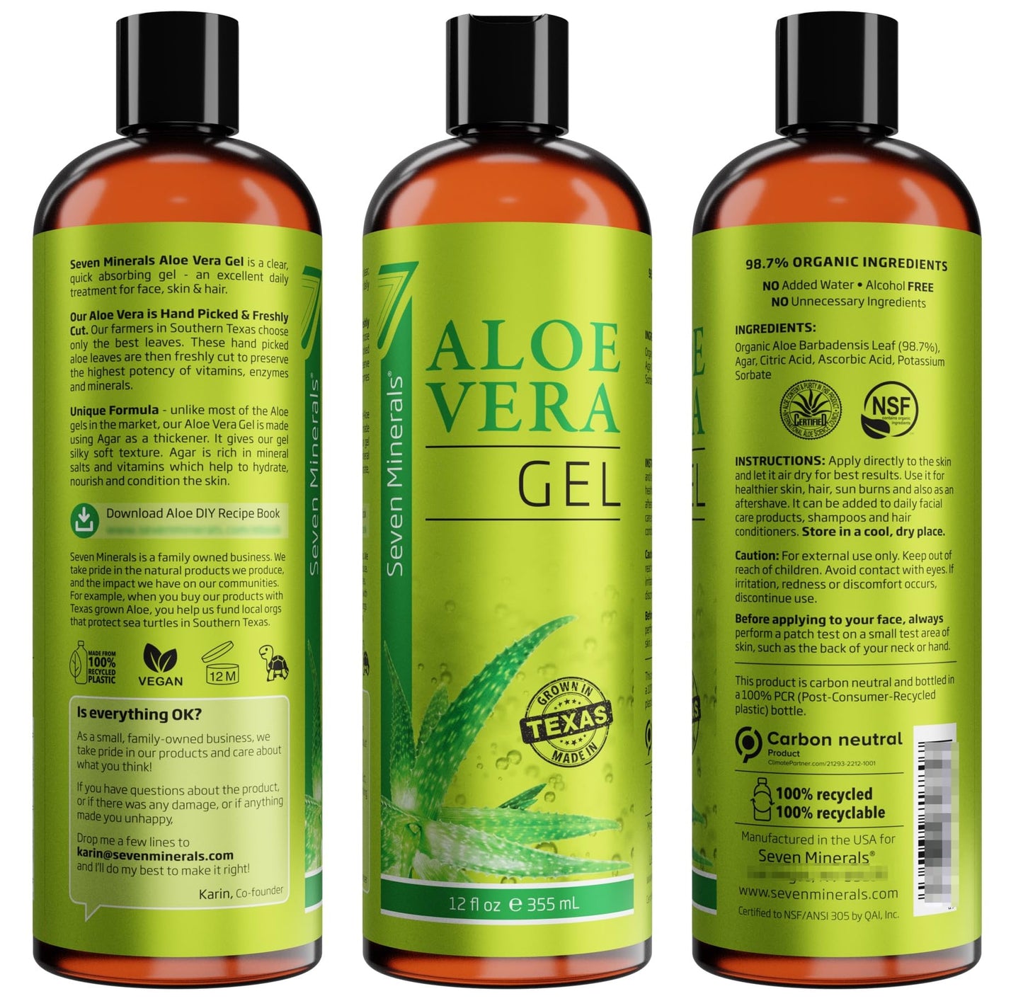 Seven Minerals Aloe Vera Gel with Freshly Cut Pure Organic Aloe - Big 12oz - Texas Grown