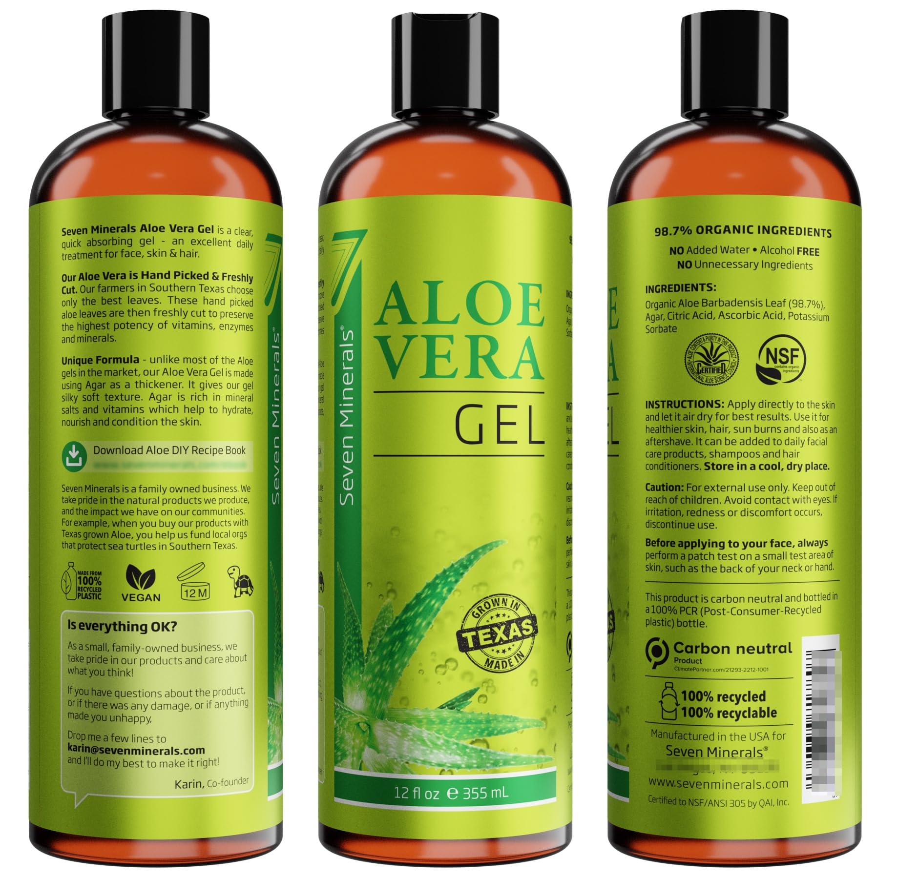 Seven Minerals Aloe Vera Gel with Freshly Cut Pure Organic Aloe - Big 12oz - Texas Grown