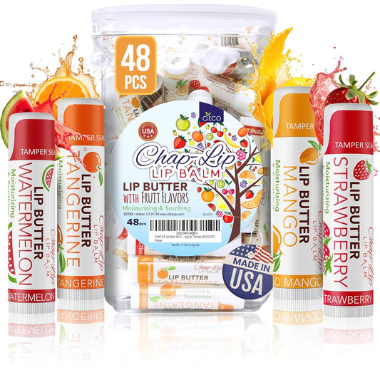 CHAP-LIP Original Lip Balm Hydrating Bulk Chap Stick with Fruit Flavors, Coconut Oil, and Cocoa Butter - Christmas Gift Stocking Stuffers Lip Therapy Pack for Men and Women - Made in the USA, 48 Pack