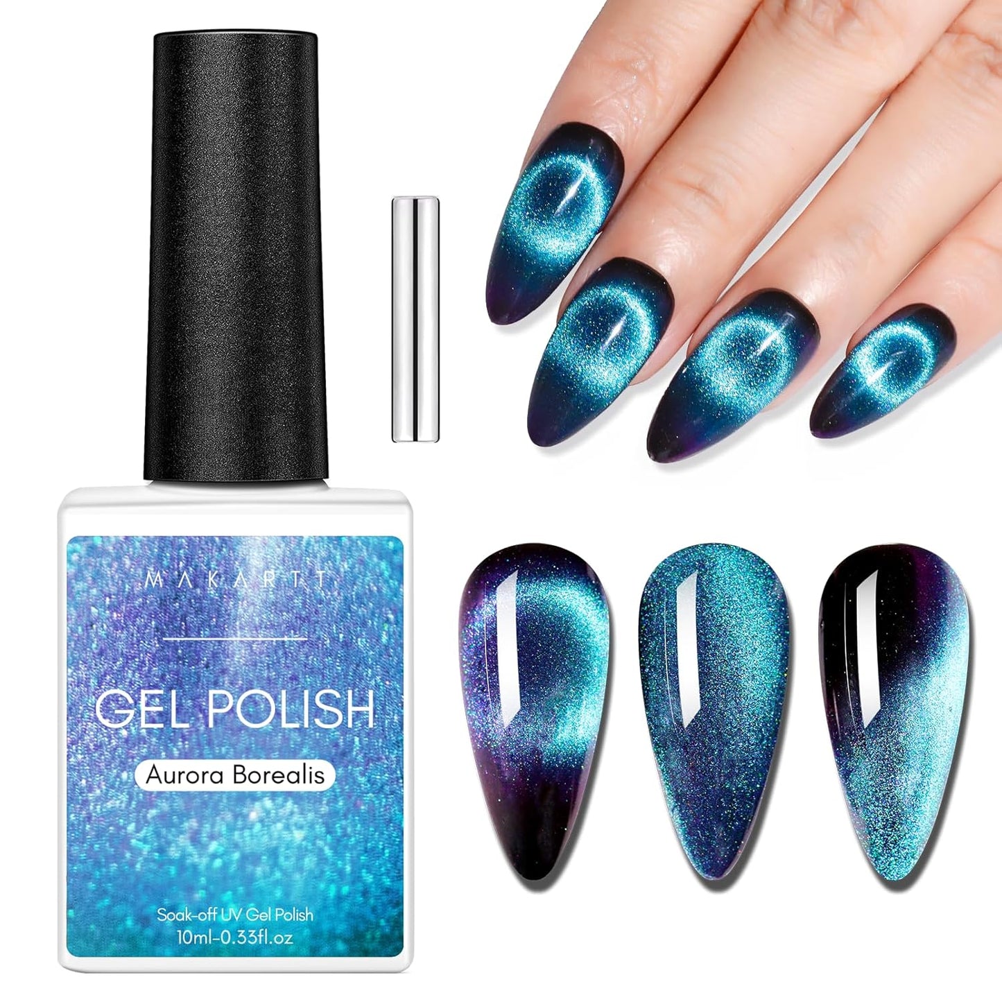 Makartt Blue Cat Eye Gel Nail Polish: Magnetic Glitter Gel Polish Soak-Off UV/LED with Aurora Effect, Long-Lasting Black Hole Shine, Comes with Magnet Stick Salon Home Nail Art 10ml