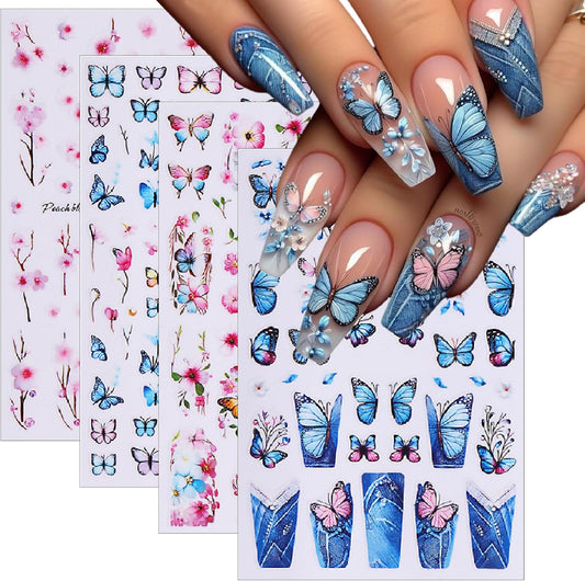 8 Sheets Spring Butterfly Nail Stickers Peach Blossom Nail Art Stickers 3D Self-Adhesive Nail