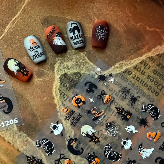 5D Embossed Halloween Nail Stickers for Nail Art Cute Nail Art Decals Self-Adhesive Pumpkin Nail