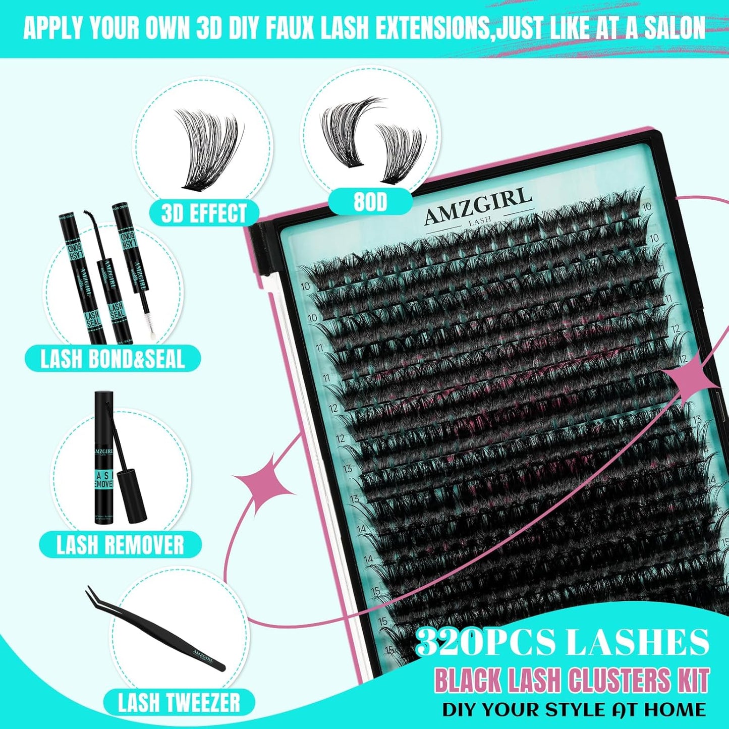 Lash Clusters Kit 320Pcs, 80D DIY Individual Eyelashes Extension With Bond, Seal, Remover, Applicator Tool for False Cluster At Home (D-Mix10-16mm)