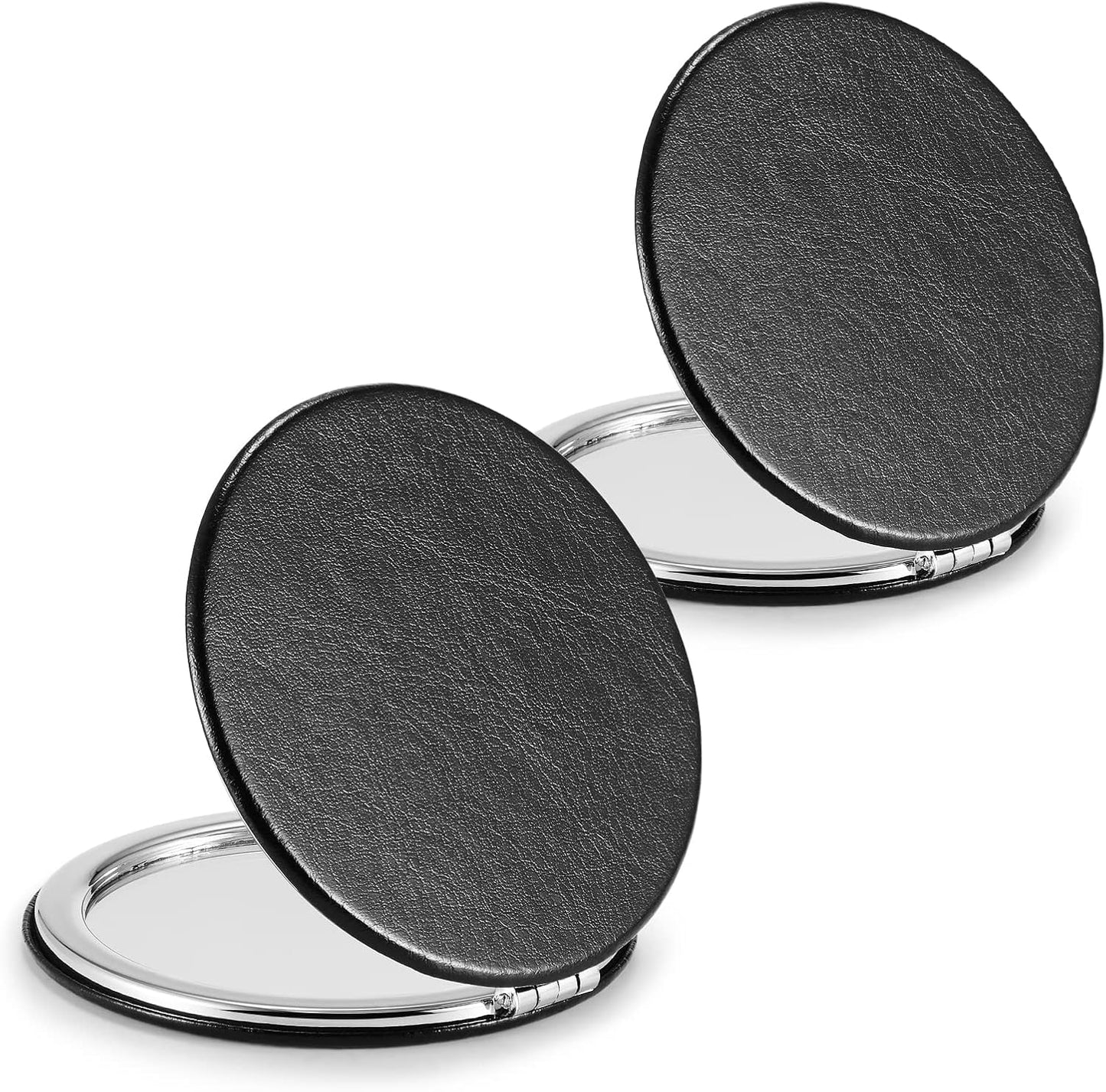 Compact Mirror,Set of 2 Round Double-Sided Makeup Small Mirror for Purse with 1x/3x Magnification PU Leather (Black, 2.8")