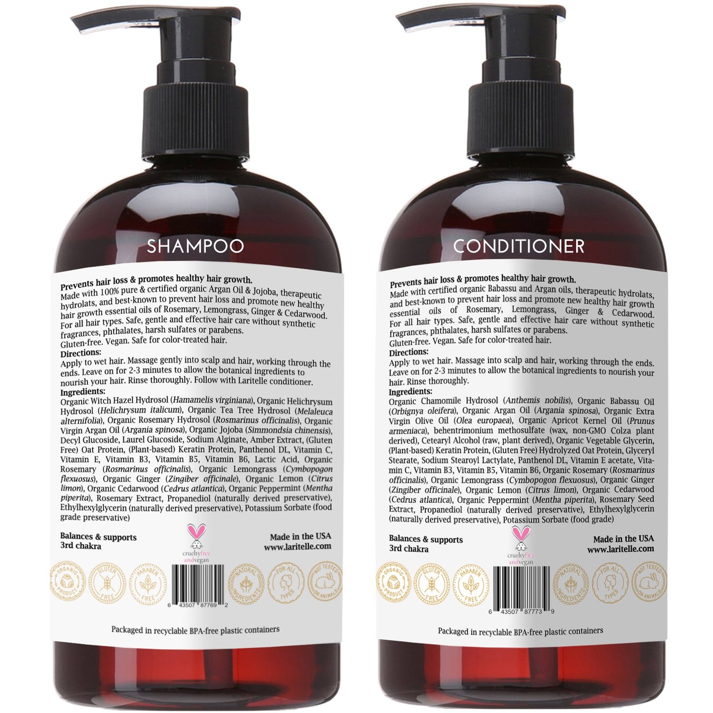 Organic Shampoo 17 oz + Conditioner 16 oz | Prevents Hair Loss, Promotes Hair Growth | Argan Oil, Rosemary, Ginger & Cedarwood | NO GMO, Sulfates, Gluten, Alcohol, Parabens, Phthalates