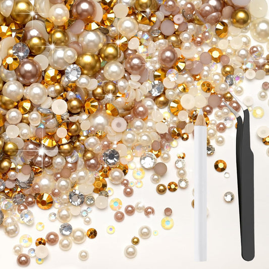 80g Mix Flatback Pearls and Rhinestones for Crafts Champagne Gold Mixed Size 2mm-10mm Half Round