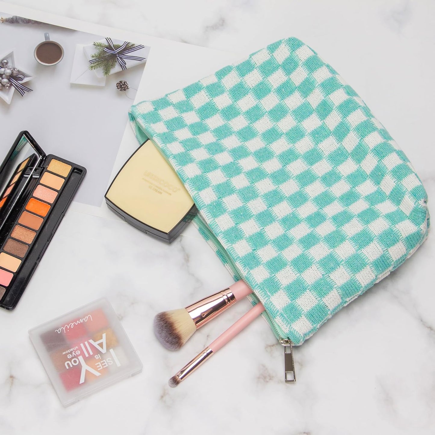 PAZIMIIK Knitted Checkered Makeup Bag Large Zipper Make Up Accessory Pouch for Purse Cosmetic Brush Bag for Travel Essential Arctic Blue