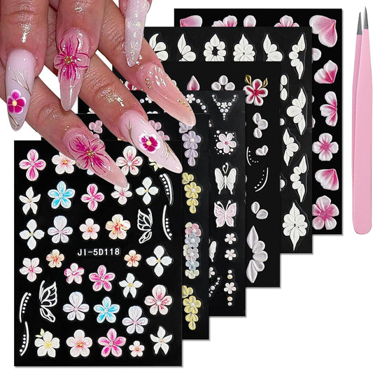 Spring Flower Nail Art Stickers Decals Floral Nail Decals Self Adhesive 5D Embossed for Women Nails