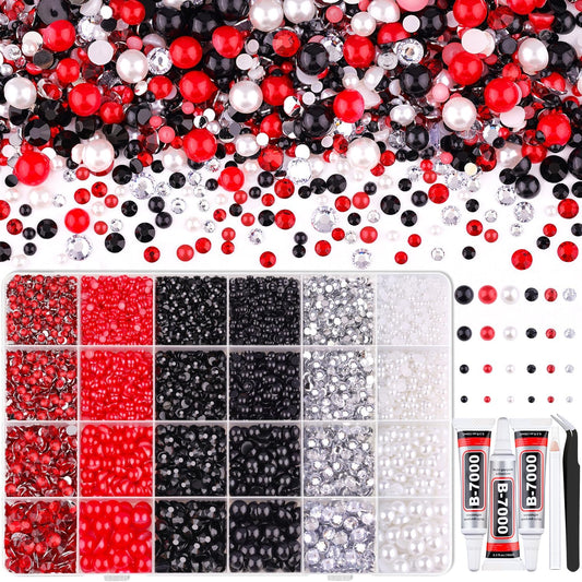 9000PCS Flatback Pearls and Rhinestones for Crafting, Red White Black 3-10mm Resin Rhinestones and