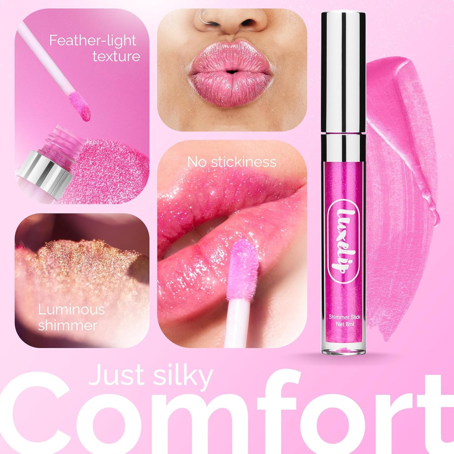 LuxeLip™ Matte Lipstick, Hydrating Non-Sticky Lip Gloss for Luminous Shine & Moisturized Lips, Lightweight, Long-Lasting Glossy Finish, Cruelty-Free Lip Makeup for Women (Punchy Pink, 8ml)