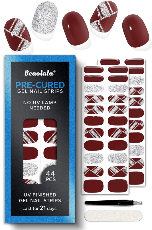 Pre Cured Gel Nail Strips - 44PCS Salon Quality Gel Nail Stickers - Long Lasting Polish Wraps for