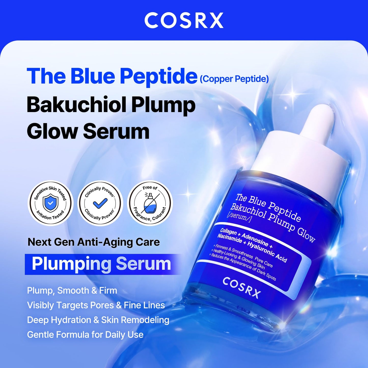 COSRX The Blue Copper Peptide Bakuchiol Serum, Glow & Plumping, 1.69 Fl Oz