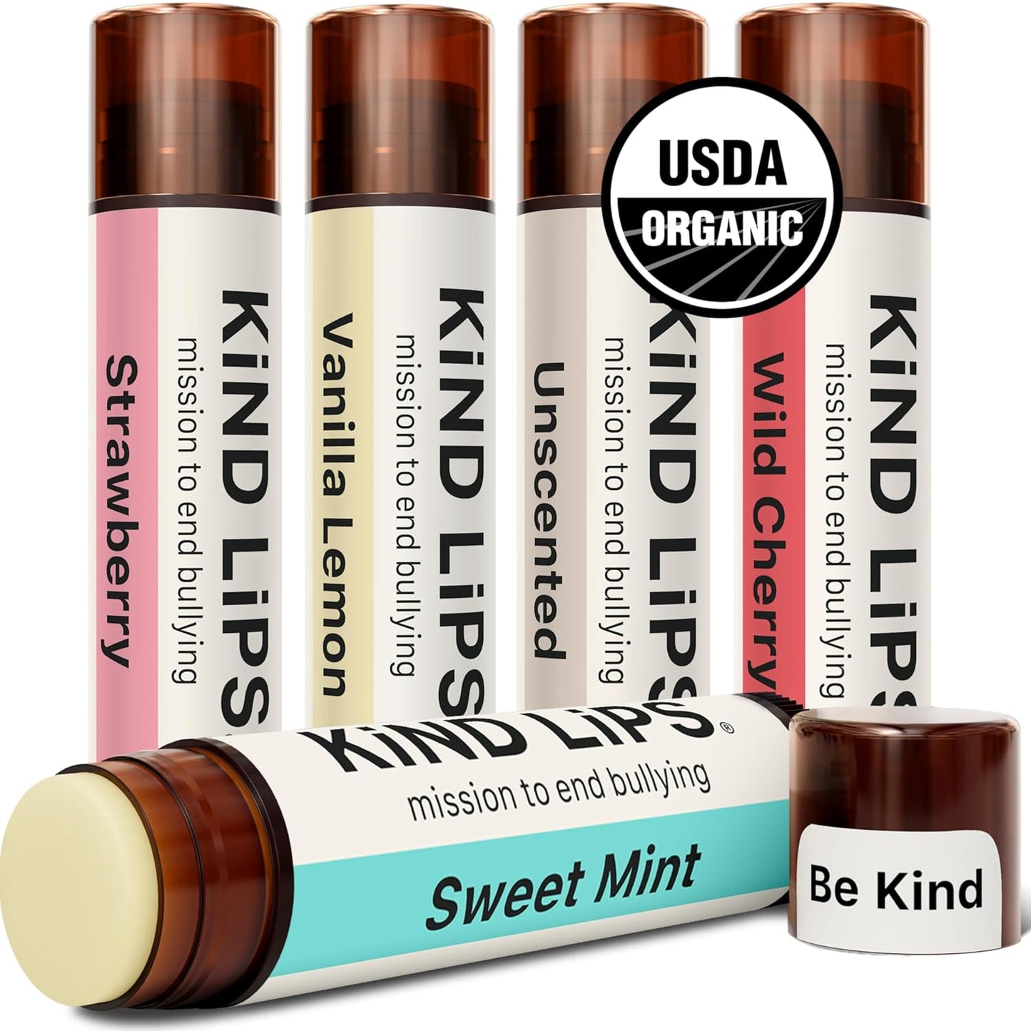 Kind Lips Variety Lip Balm 5-Pack - USDA Organic, Sweet Mint, Vanilla Lemon, Georgia Peach, Strawberry, Watermelon Gift Set | Gluten-Free, Cruelty-Free