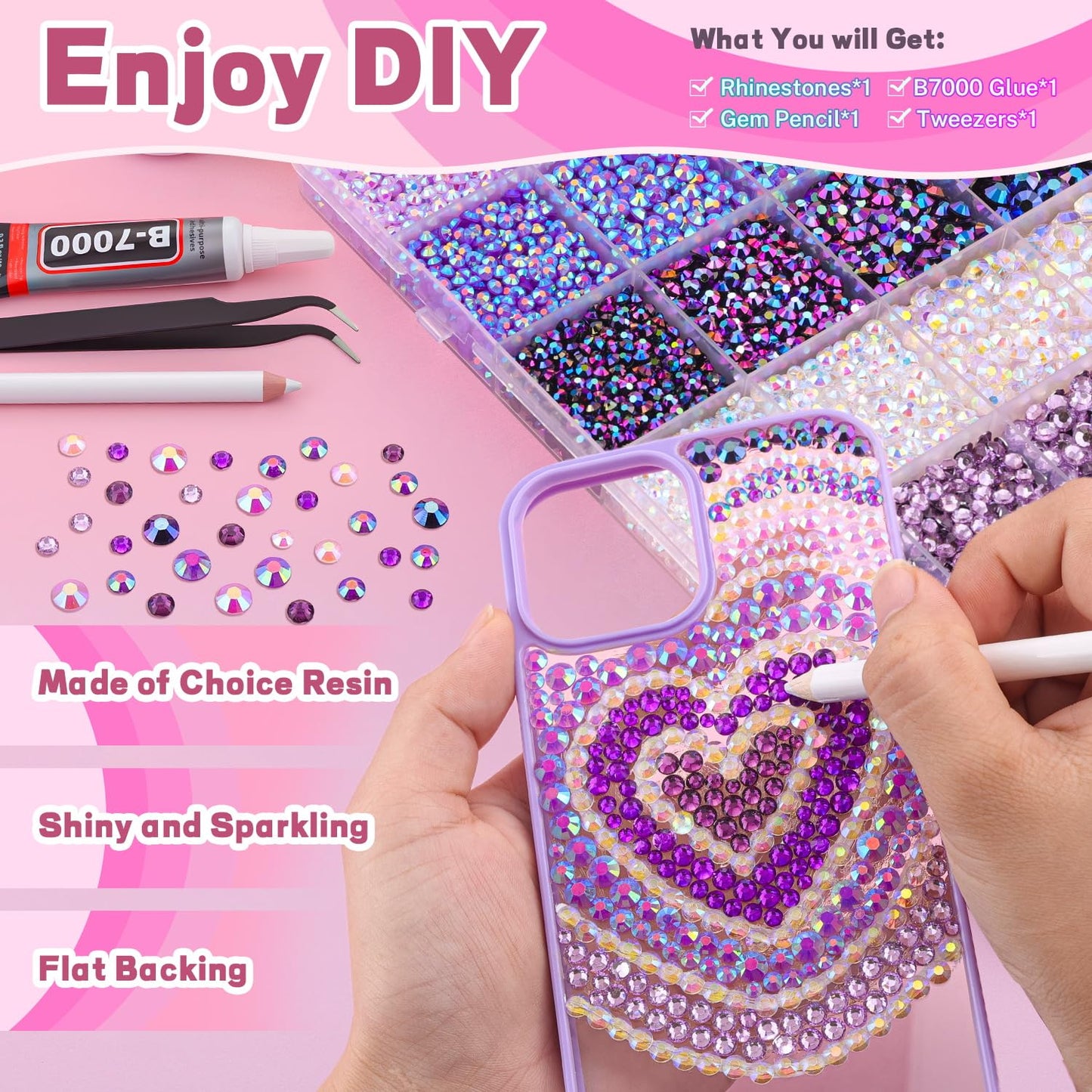 20000Pcs Purple Rhinestones for Bedazzling with 1Pcs B7000 Jewelry Glue, Resin Rhinestones for Crafting Crafts DIY, Bedazzler Kit Gems for Clothing Shoes Tumblers Nail Art Assorted Size 3/4/5/6mm
