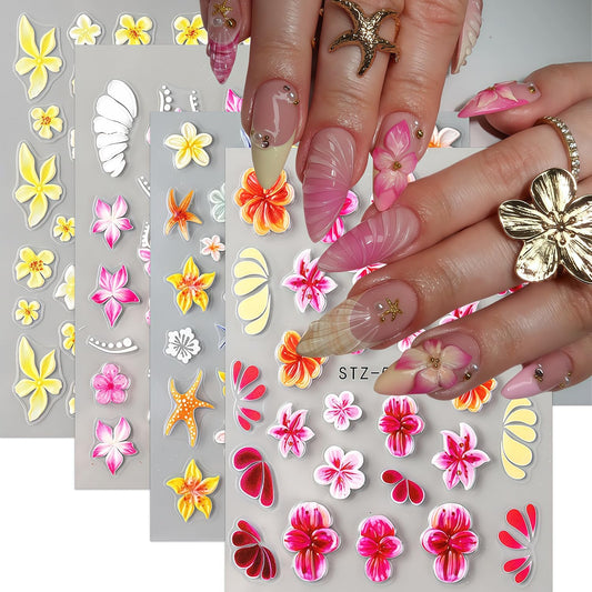 Summer Nail Stickers 5D Embossed Cute Flower Pattern Ocean Colorful Starfish Self-Adhesive Design