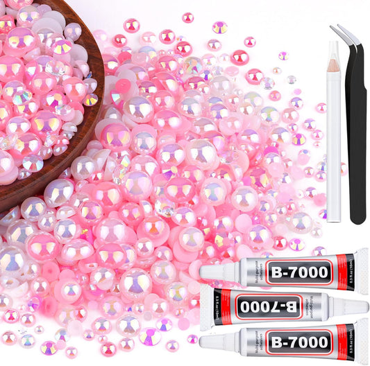 80g Flatback Pearls and Rhinestones for Crafting, Pink White 3-10mm Resin Rhinestones and Half