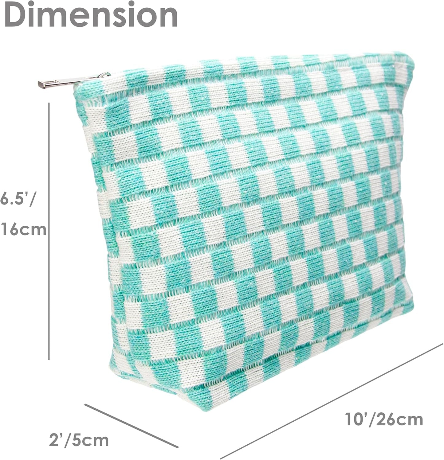 PAZIMIIK Knitted Checkered Makeup Bag Large Zipper Make Up Accessory Pouch for Purse Cosmetic Brush Bag for Travel Essential Arctic Blue