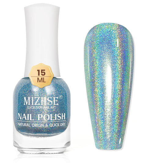 MIZHSE Holographic Nail Polish, Blue Glitter Nail Polish Air Dry Fast, 15ml/0.5 fl oz High Glossy