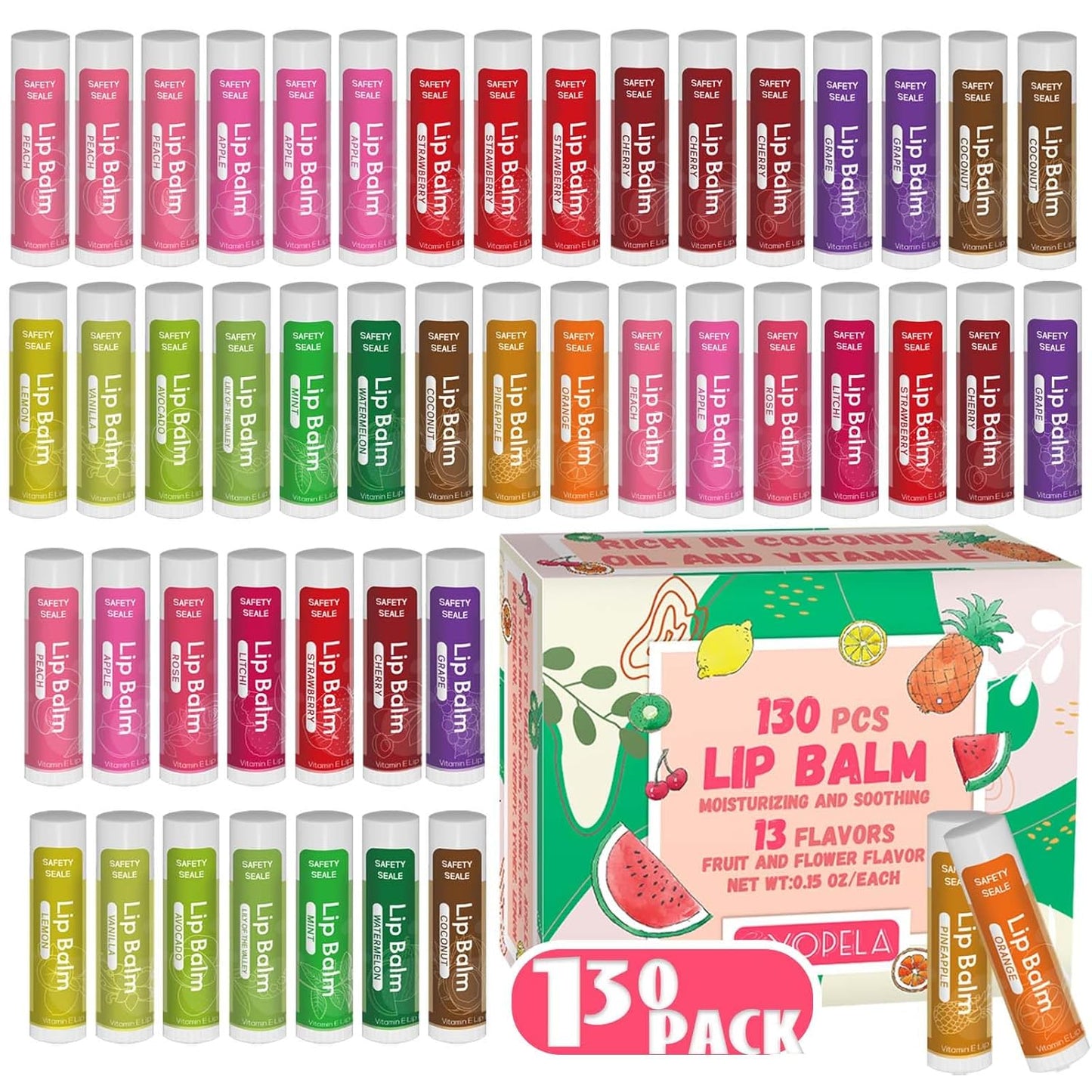 Yopela 130 Pack Natural Lip Balm Bulk with Vitamin E and Coconut Oil - Moisturizing, Soothing, and Repairing Dry and Chapped Lips - 13 Flavors Valentine's Gift - Non-GMO 0.15 Oz