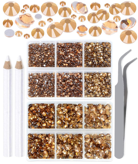 LPBeads 6000 Pieces Lt Topaz Non Hotfix Rhinestones 6 Sizes Round Crystal Glass Flat Back