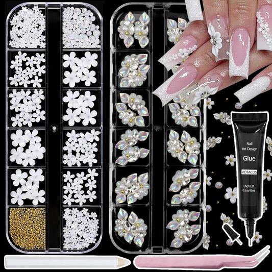 Nail Art Charms with Rhinestones Glue Gel White Flatback Pearls Luxurious Nail Charms Supplies