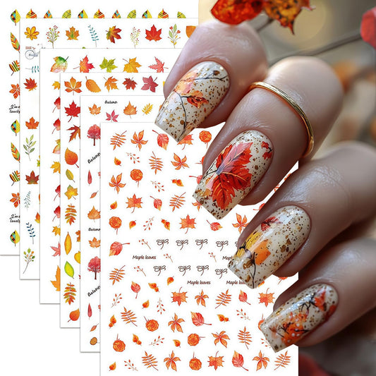 6 Sheets Thanksgiving Day Nail Art Stickers Fall Maple Leaf Nail Decals 3D Self-Adhesive Autumn