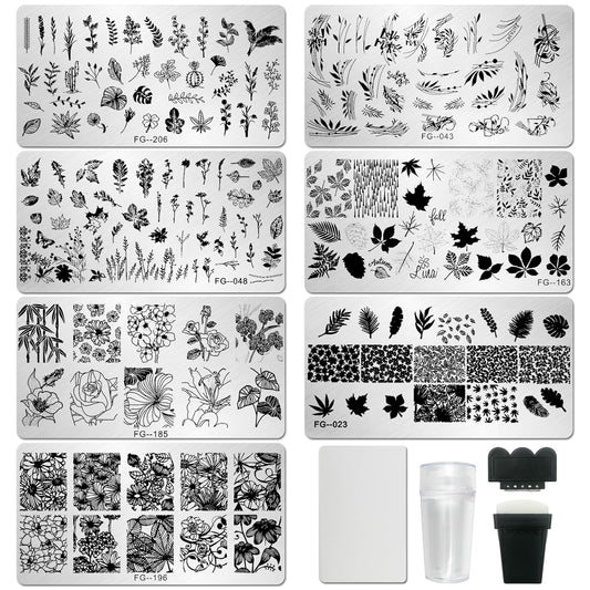 AddFavor Nail Stamper Kit 7pcs Nail Stamping Plates Flower Leaf Maple Nail Stencils with 2 Stamp