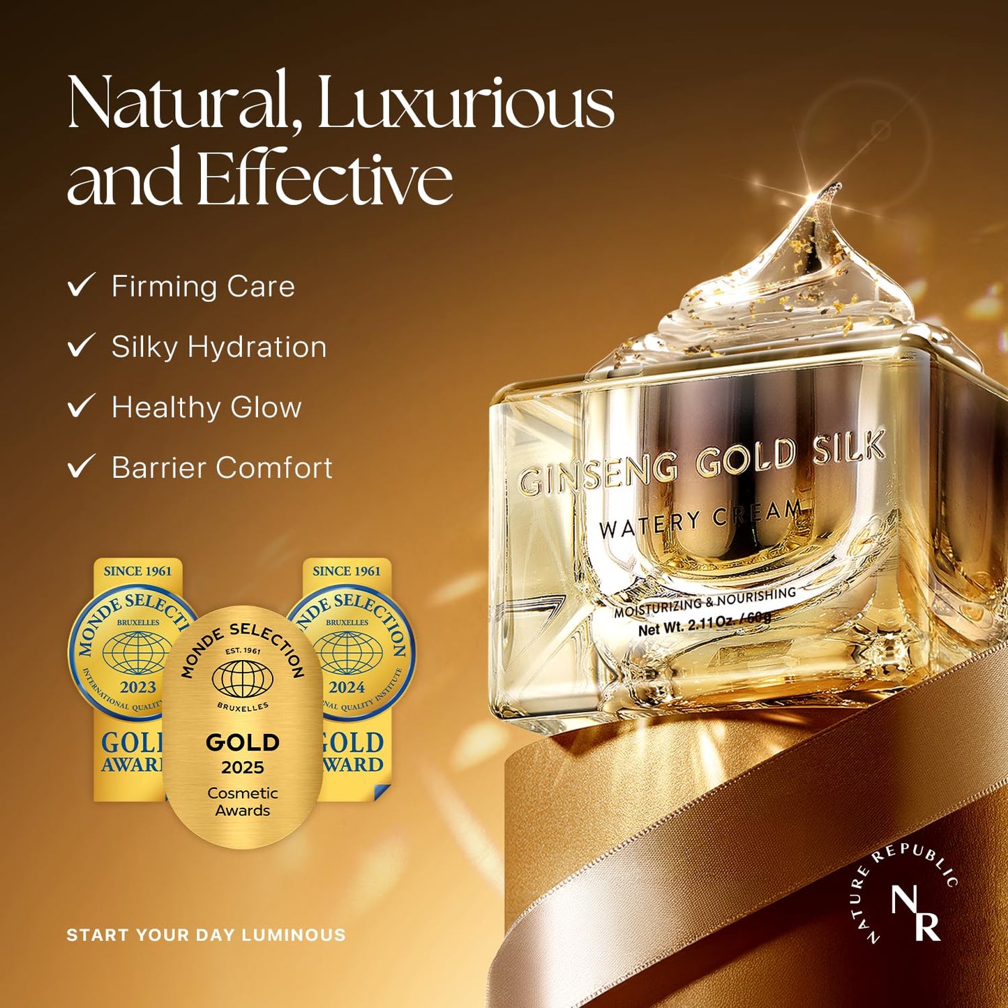 Nature Republic Ginseng Gold Silk Watery Cream 2.11 Oz(60g) | 6 Years Korean Ginseng, 99.9% Pure