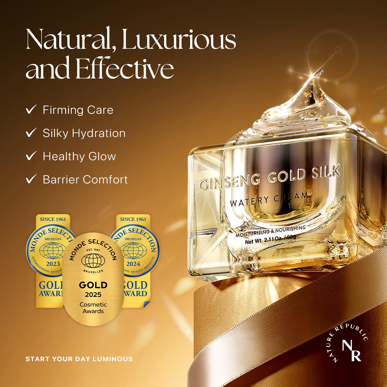 Nature Republic Ginseng Gold Silk Watery Cream 2.11 Oz(60g) | 6 Years Korean Ginseng, 99.9% Pure