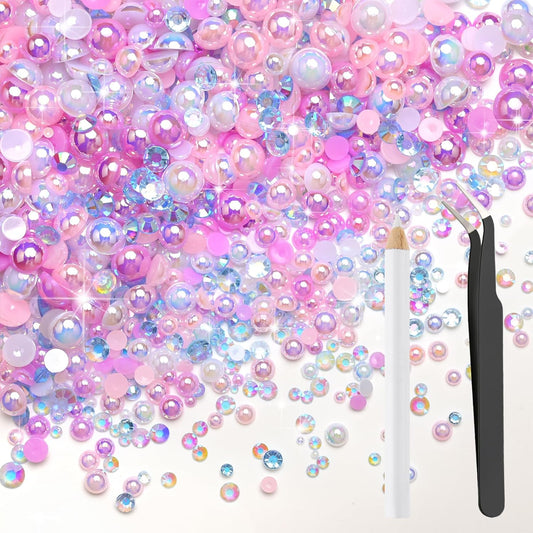 80g Mix Flatback Pearls and Rhinestones for Crafts Pink Purple Mixed Size 2mm-10mm Half Round