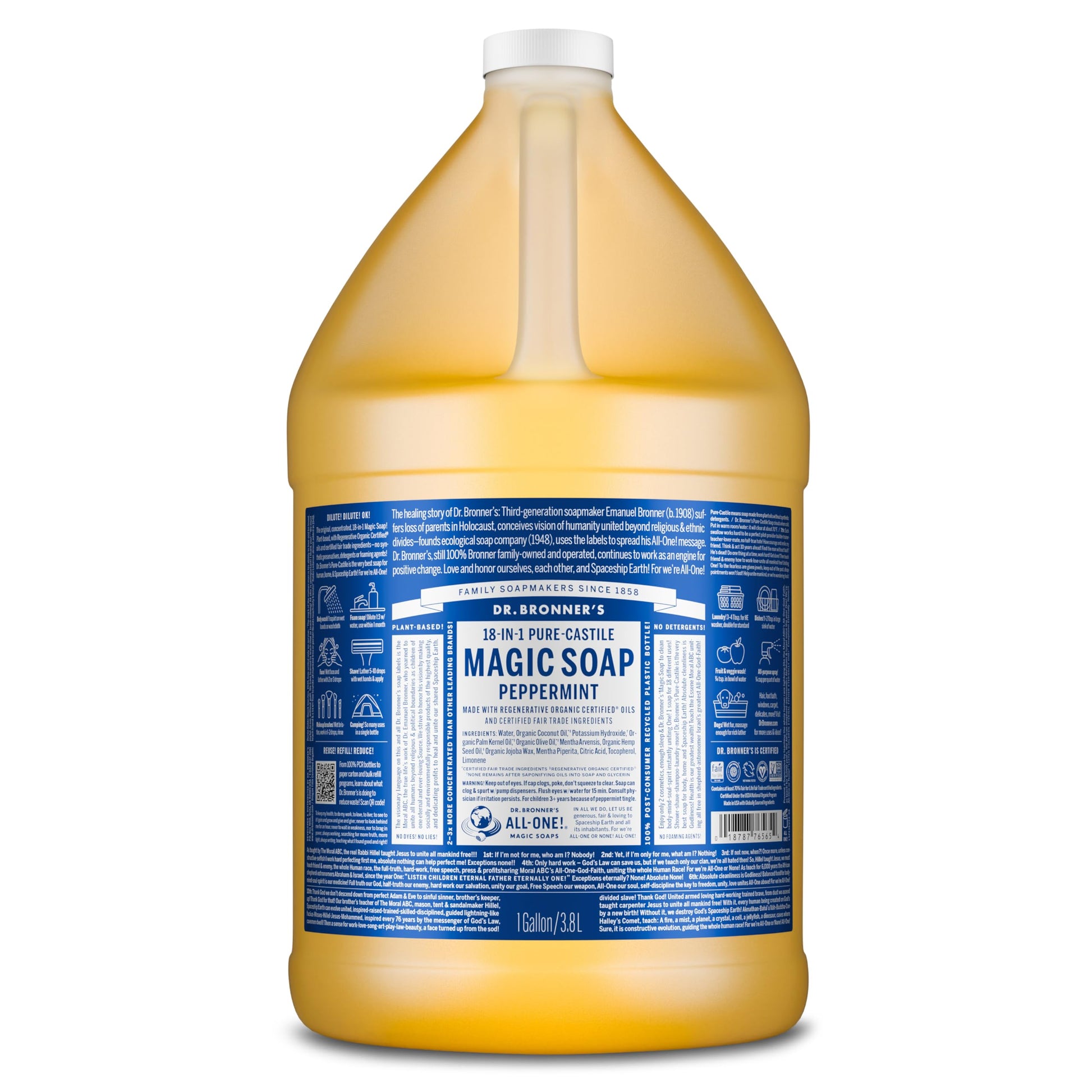Dr. Bronner's Peppermint Pure-Castile Liquid Soap, Refill, 1 Gallon