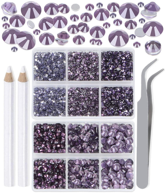 LPBeads 6000 Pieces Tanzanite Non Hotfix Rhinestones 6 Sizes Round Crystal Glass Flat Back