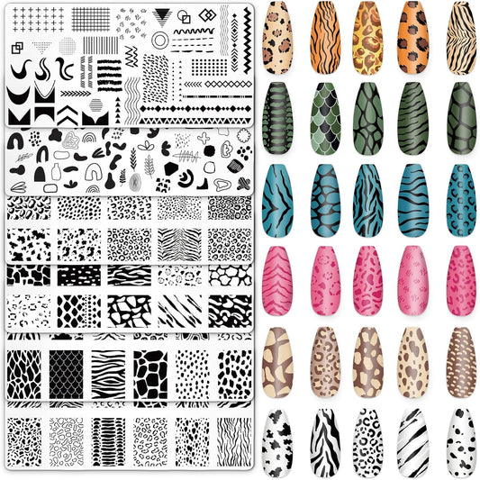 Whaline 6Pcs Animal Print Nail Plates Stamping Set Leopard Print Stamp Templates Nail Art Plates for DIY Print Manicure Salon Design Gift
