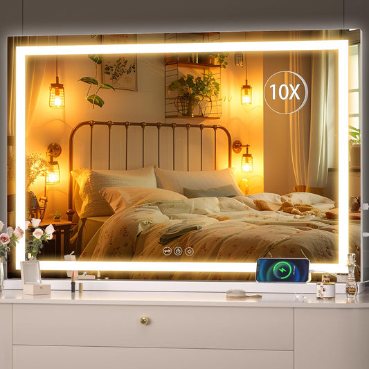 Hasipu Vanity Mirror with Lights, 37" x 26" LED Makeup Mirror, Lighted Makeup Mirror with Dimmable 3 Modes, Touch Screen Control Vanity Mirror Square White
