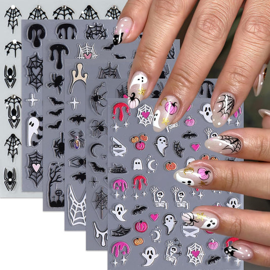 6Pcs Spider Ghost Nail Stickers for Nail Art,Crystal Diamond Spiders Design Nail Decals Spider Web