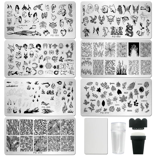 AddFavor Nail Stamper Kit 7pcs Nail Stamping Plates Flower Animal Flame Leaves Image Nail Stencils
