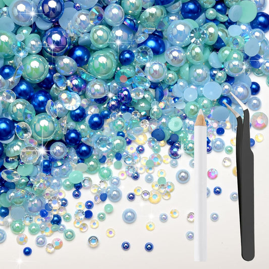 80g Mix Flatback Pearls and Rhinestones for Crafts Blue Mixed Size 2mm-10mm Half Round Pearls