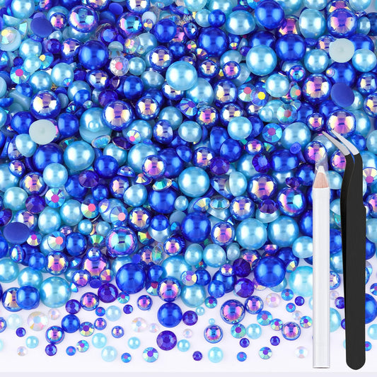 80g Flatback Pearls and Rhinestones for Crafting, Dark Blue Mixed Size 3-10mm Resin Rhinestones and