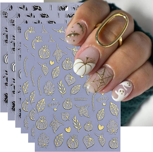 6 Sheets Fall Nail Stickers for Nail Art Halloween Pumpkin Maple Leaf Nail Stickers 3D